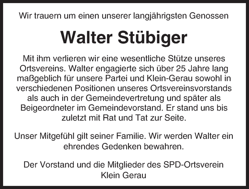  Traueranzeige für Walter Stübiger vom 23.08.2016 aus Trauerportal Echo Online