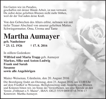 Traueranzeige von Martha Aumayer von Trauerportal Rhein Main Presse