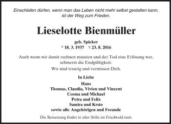 Traueranzeige von Lieselotte Bienmüller von  GT am Sonntag
