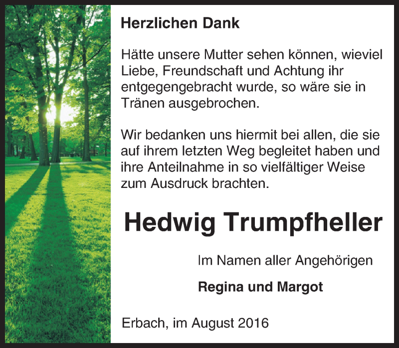  Traueranzeige für Hedwig Trumpfheller vom 15.08.2016 aus Trauerportal Echo Online