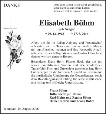 Traueranzeige von Elisabeth Böhm von Trauerportal Rhein Main Presse
