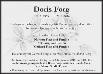 Traueranzeige von Doris Forg von Trauerportal Rhein Main Presse