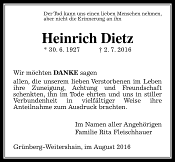 Traueranzeige von Heinrich Dietz von  Gießener Anzeiger