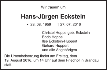 Traueranzeige von Hans-Jürgen Eckstein von Trauerportal Echo Online