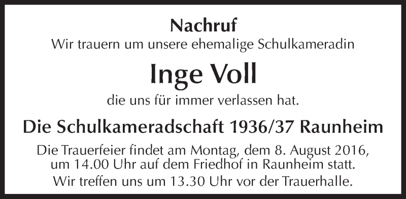  Traueranzeige für Inge Voll vom 06.08.2016 aus Trauerportal Rhein Main Presse
