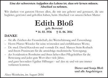 Traueranzeige von Edith Bloß von Trauerportal Rhein Main Presse