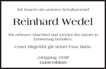Traueranzeige von Reinhard Wedel von Trauerportal Rhein Main Presse