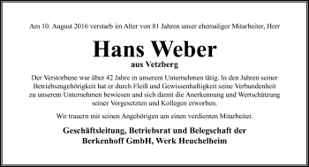 Traueranzeige von Hans Weber von  Gießener Anzeiger