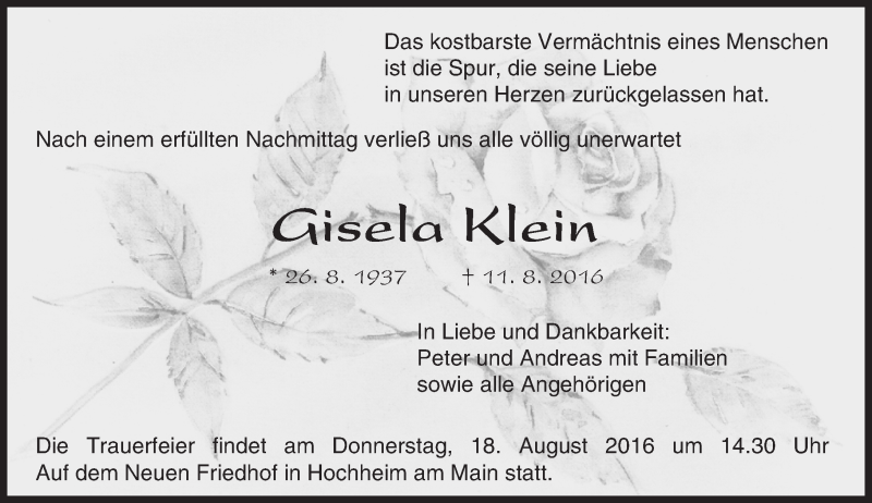  Traueranzeige für Gisela Klein vom 16.08.2016 aus Trauerportal Rhein Main Presse
