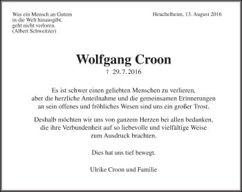 Traueranzeige von Wolfgang Croon von  Gießener Anzeiger