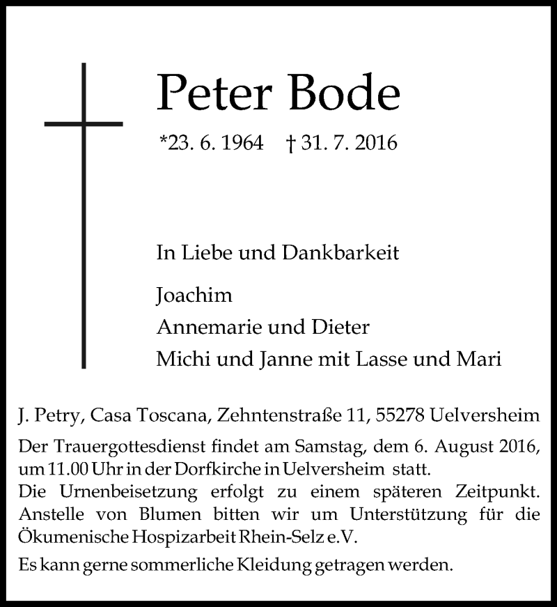  Traueranzeige für Peter Bode vom 03.08.2016 aus Trauerportal Rhein Main Presse