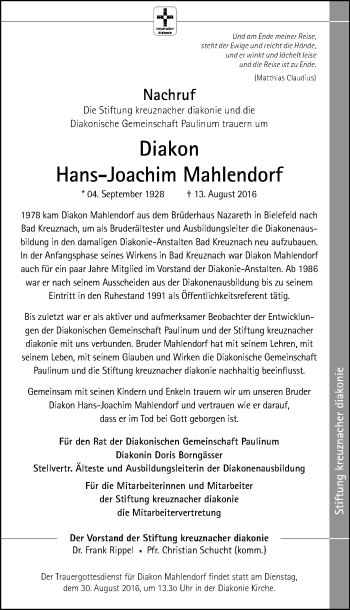 Traueranzeige von Hans-Joachim Mahlendorf von Trauerportal Rhein Main Presse