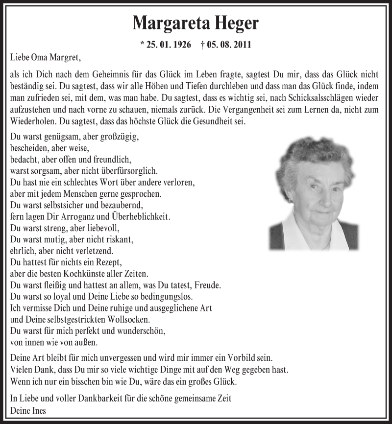  Traueranzeige für Margareta Heger vom 05.08.2016 aus Trauerportal Echo Online