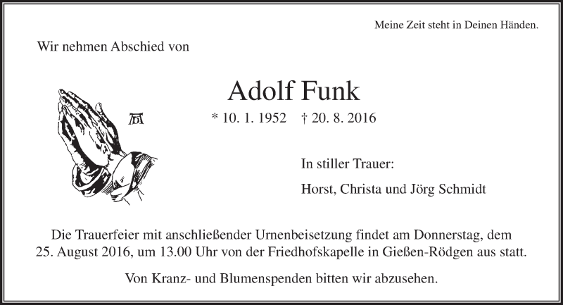  Traueranzeige für Adolf Funk vom 23.08.2016 aus  Gießener Anzeiger