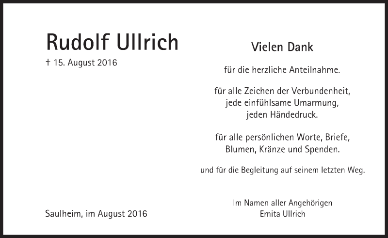  Traueranzeige für Rudolf Ullrich vom 27.08.2016 aus Trauerportal Rhein Main Presse
