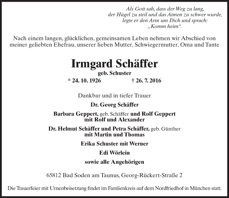  Traueranzeige für Irmgard Schäffer vom 05.08.2016 aus Trauerportal Rhein Main Presse