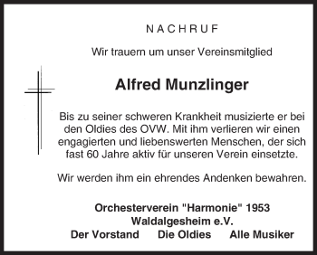 Traueranzeige von Alfred Munzlinger von Trauerportal Rhein Main Presse