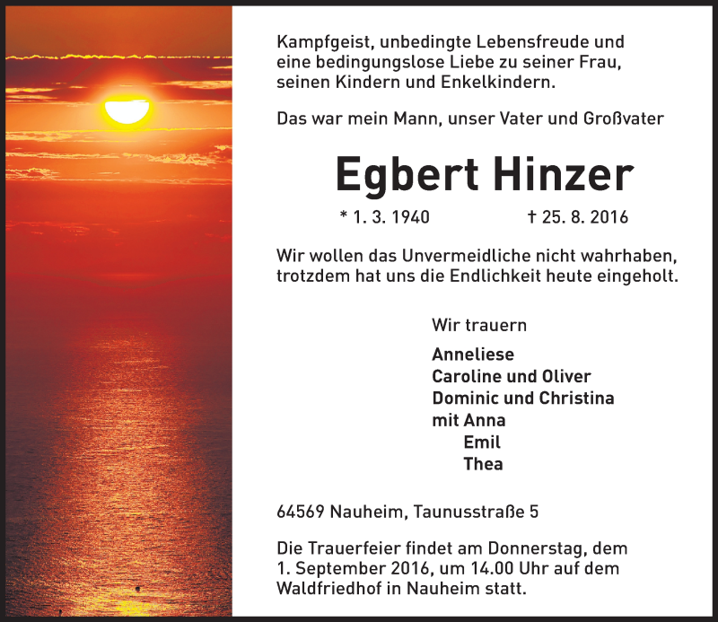  Traueranzeige für Egbert Hinzer vom 27.08.2016 aus Trauerportal Rhein Main Presse