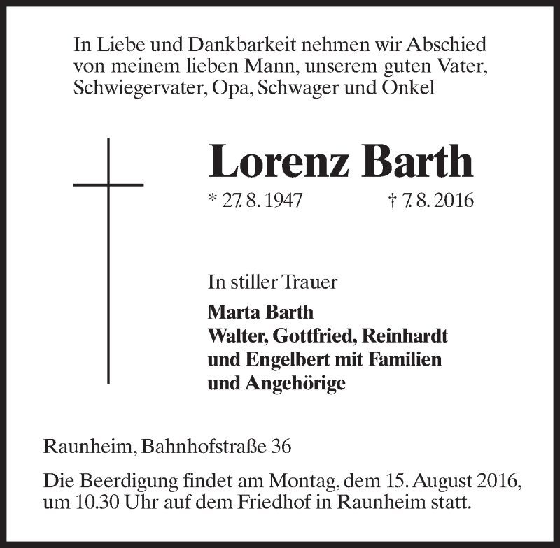  Traueranzeige für Lorenz Barth vom 10.08.2016 aus Trauerportal Rhein Main Presse