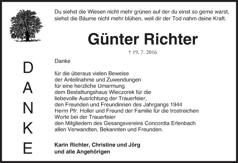  Traueranzeige für Günter Richter vom 13.08.2016 aus Trauerportal Echo Online