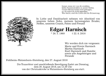 Traueranzeige von Edgar Harnisch von  Gießener Anzeiger