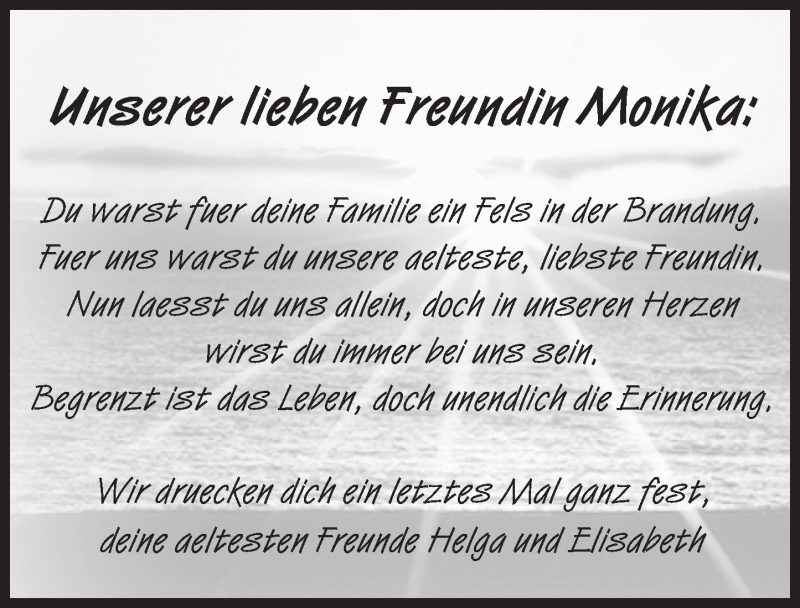  Traueranzeige für Monika  vom 06.08.2016 aus Trauerportal Echo Online