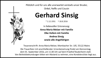 Traueranzeige von Gerhard Sinsig von Trauerportal Rhein Main Presse