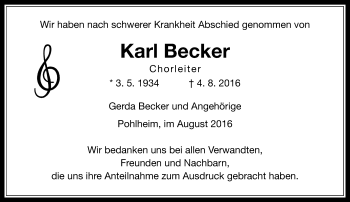 Traueranzeige von Karl Becker von  Gießener Anzeiger