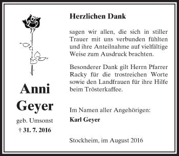 Traueranzeige von Anni Geyer von  Sonntags Anzeiger