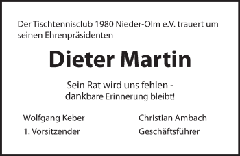 Traueranzeige von Dieter Martin von Trauerportal Rhein Main Presse