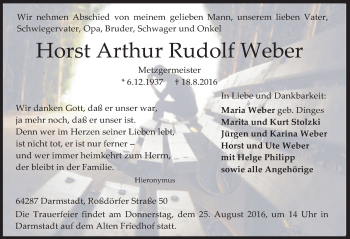 Traueranzeige von Horst Arthur Rudolf Weber von Trauerportal Echo Online