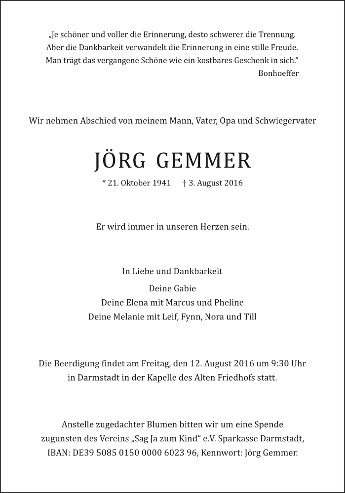  Traueranzeige für Jörg Gemmer vom 09.08.2016 aus Darmstädter Echo