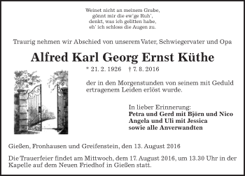 Traueranzeige von Alfred Karl Georg Ernst Küthe von  Gießener Anzeiger