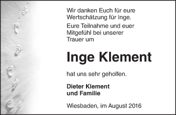 Traueranzeige von Inge Klement von Trauerportal Rhein Main Presse