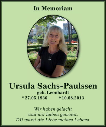 Traueranzeige von Ursula Sachs-Paulssen von Trauerportal Echo Online