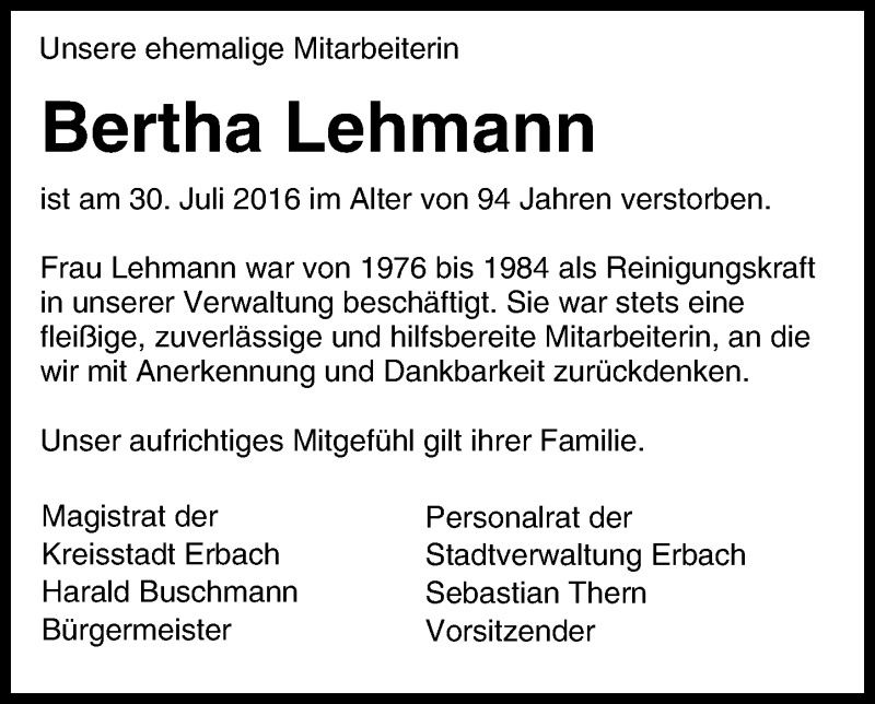  Traueranzeige für Bertha Lehmann vom 04.08.2016 aus Trauerportal Echo Online