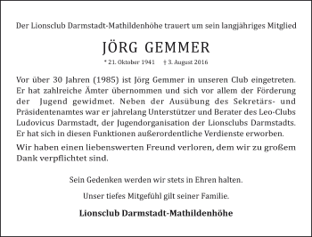 Traueranzeige von Jörg Gemmer von Darmstädter Echo