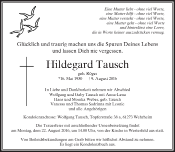 Traueranzeige von Hildegard Tausch von  Usinger Anzeiger