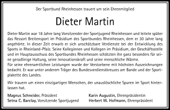 Traueranzeige von Dieter Martin von Trauerportal Rhein Main Presse