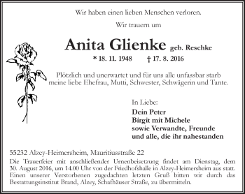 Traueranzeige von Anita Glienke von Trauerportal Rhein Main Presse