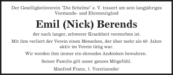 Traueranzeige von Emil Berends von  GT am Sonntag