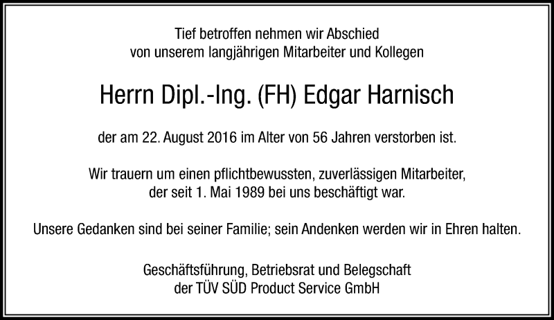  Traueranzeige für Edgar Harnisch vom 30.08.2016 aus  Gießener Anzeiger