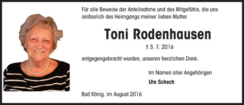  Traueranzeige für Toni Rodenhausen vom 20.08.2016 aus Trauerportal Echo Online