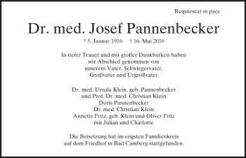 Traueranzeige von Josef Pannenbecker von  Camberger Anzeiger
