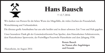 Traueranzeige von Hans Bausch von Trauerportal Rhein Main Presse