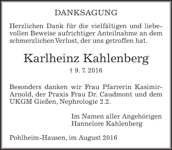 Traueranzeige von Karlheinz Kahlenberg von  Gießener Anzeiger