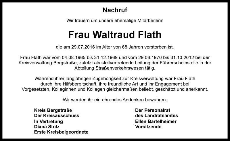  Traueranzeige für Waltraud Flath vom 11.08.2016 aus Trauerportal Echo Online