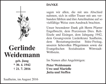 Traueranzeige von Gerlinde Weidemann von Trauerportal Rhein Main Presse