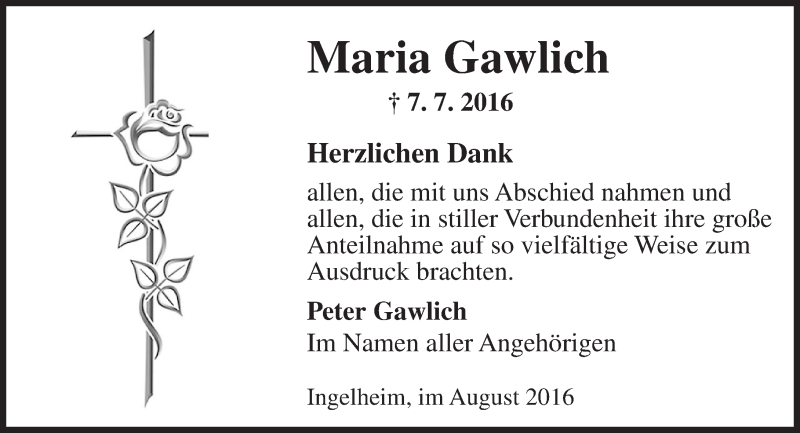  Traueranzeige für Maria Gawlich vom 13.08.2016 aus Trauerportal Rhein Main Presse