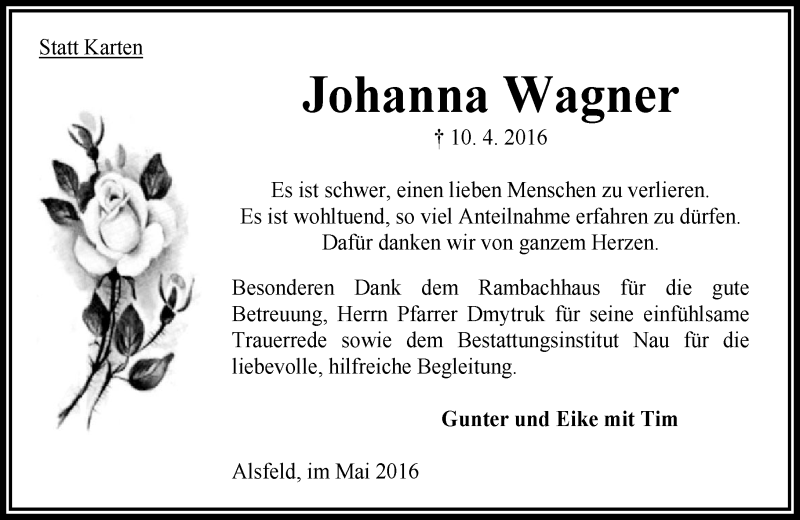  Traueranzeige für Johanna Wagner vom 21.05.2016 aus VRM Trauer